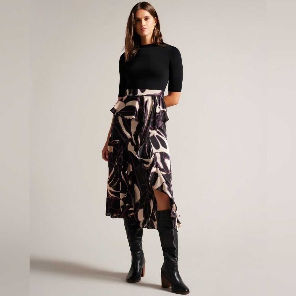 🍁Ted Baker Serepha Fitted Knit Bodice Dress With Ruffle Skirt, Size 4